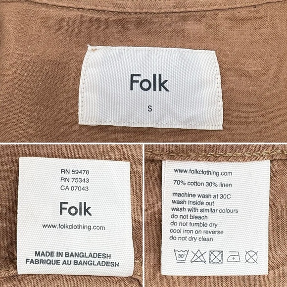 Folk Men's Size Small Maze Short Sleeve Cotton Linen Shirt Button Up Tan New NWT - Picture 3 of 5